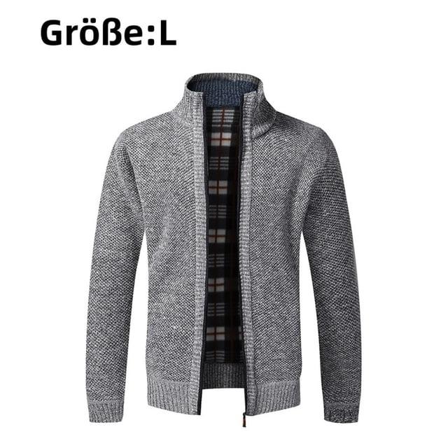 cárdigan de hombre, chaqueta polar, sudadera, cárdigan de punto light gray Fokelyiam en vista frontal con cierre oculto y cuello alto; corte elegante, tejido jaspeado gris claro, puños y bastilla acanalados, forro interior a cuadros oscuro visible y bolsillos laterales para manos.