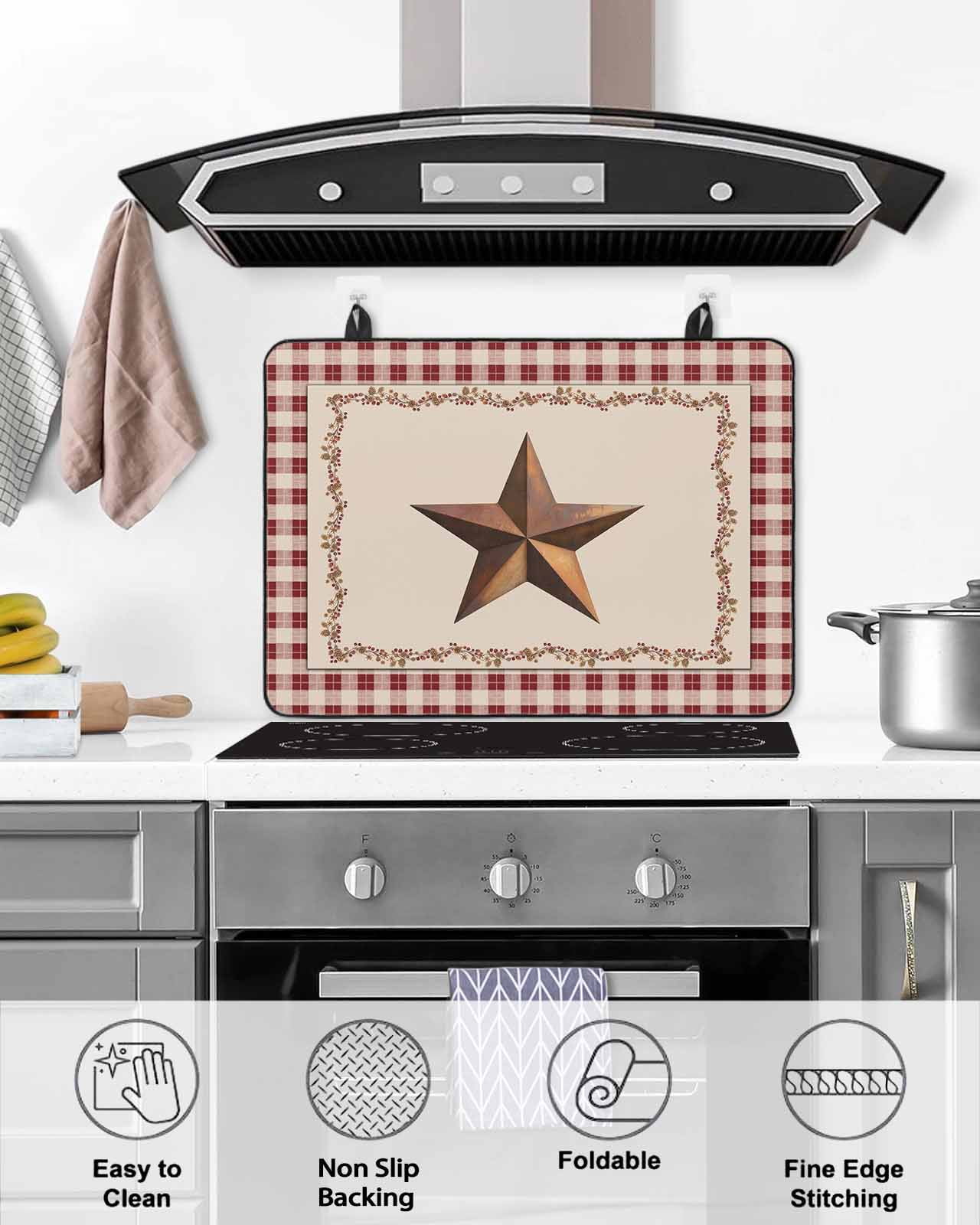Large Induction Cooktop Protector Mat Western Texas Star Retro Stove Top Covers for Electric Stove, Rustic Vintage Farm Red Beige Plaid Decorative Stove Burner Cover Mats, Glass Top Stove Cover