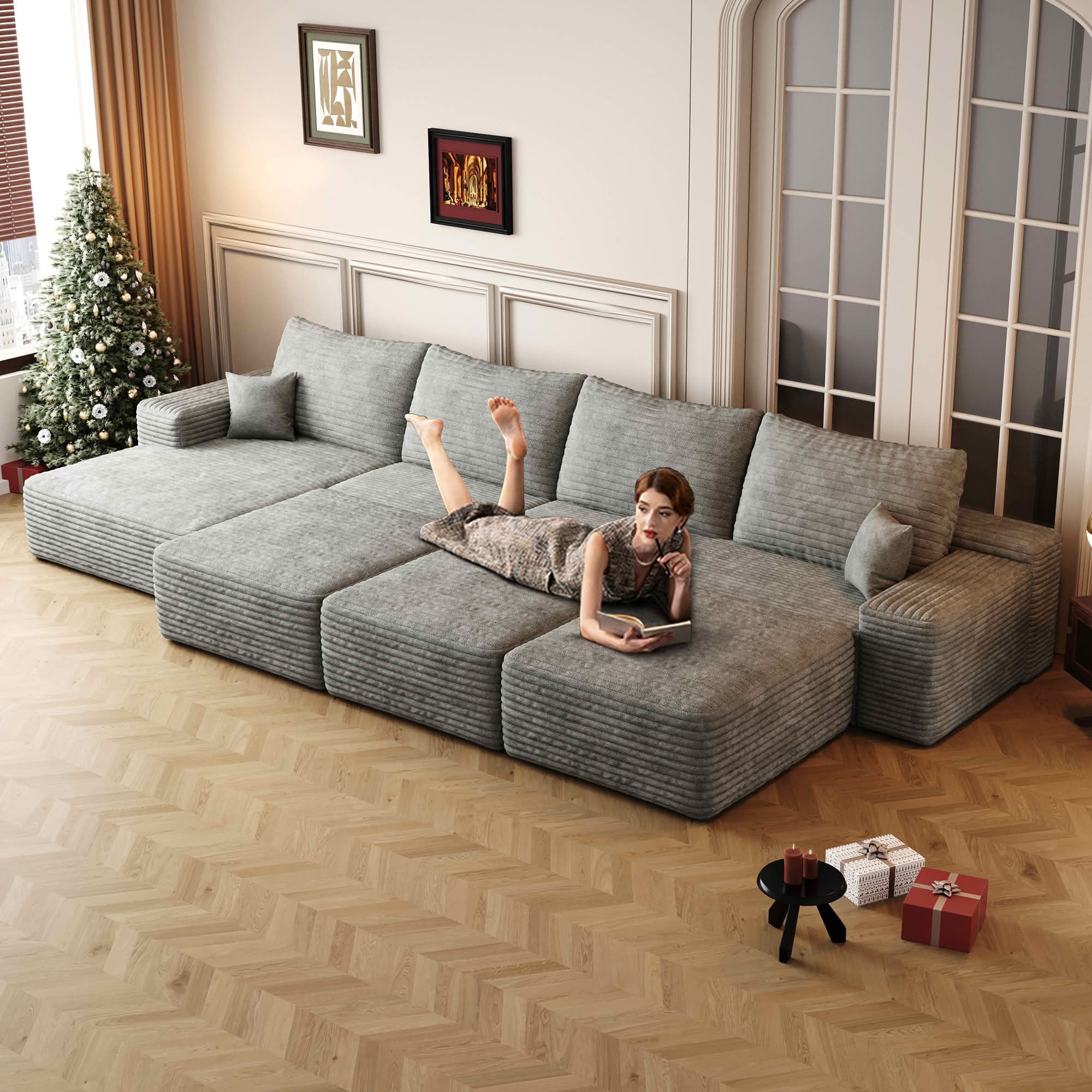MAYEERTY 135" 6-Seat Modular Cloud Sofa Bed, Large Size Living Room Sofa, Plush Corduroy Fabric, No Assembly Required, Gray