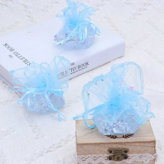 Dytern Xmas 100pcs Drawstring Organza Pouch Round Sequined Candy Pouch Christmas Wedding Party Favor Gift Packaging Bags (Light blue)