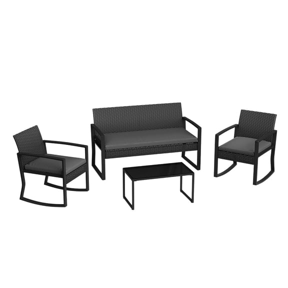 4 Piece Patio Furniture Set, PE Rattan Outdoor Rocking Chair Conversation Set with Coffee Table, Outdoor Wicker Patio Table and Chairs Set for Patio, Porch, Backyard, Grey
