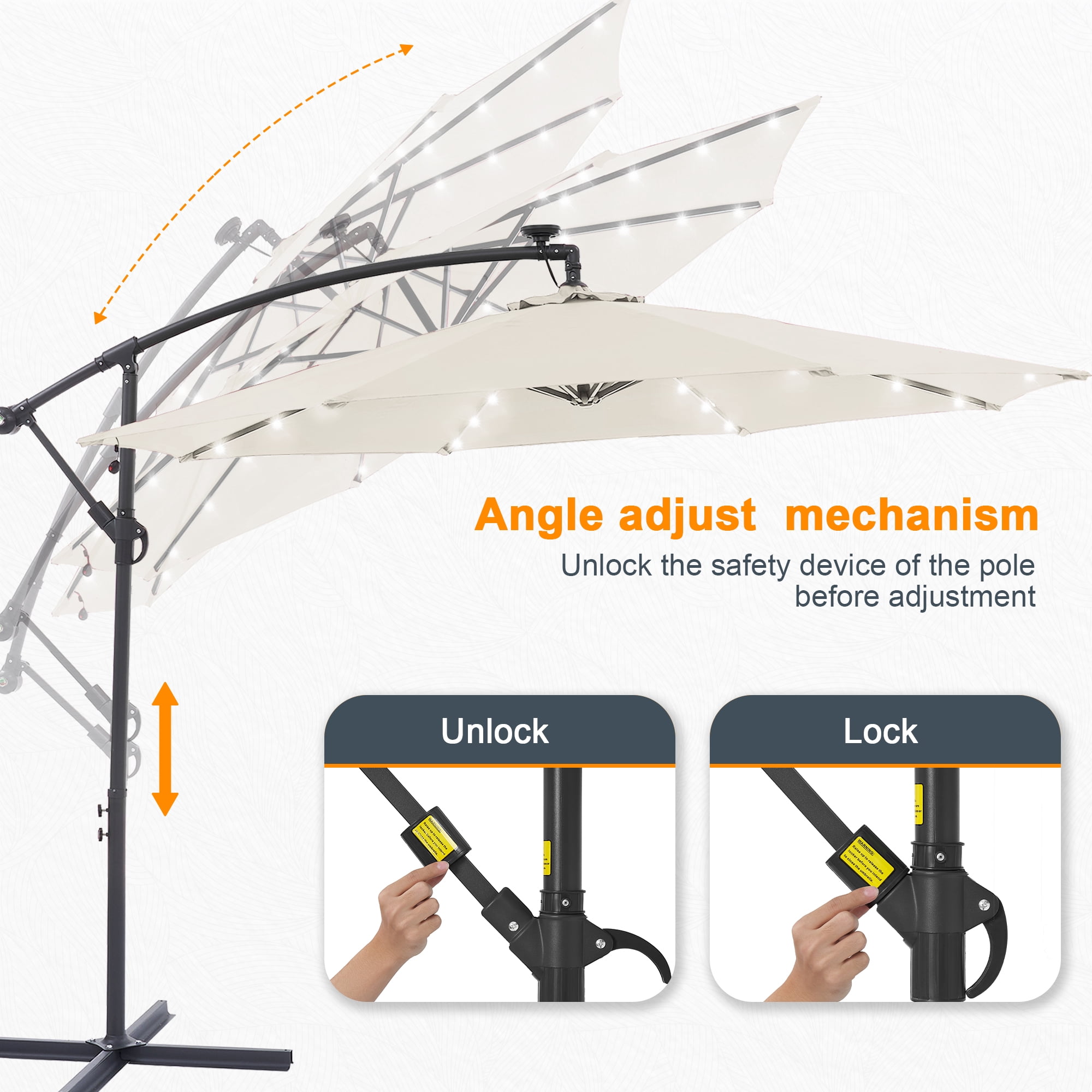 ACEGOSES 10ft 32 LED Outdoor Patio offset Umbrella, Solar Lighted Hanging Umbrella with 8 Ribs for Desk,Garden,Yard, Beige