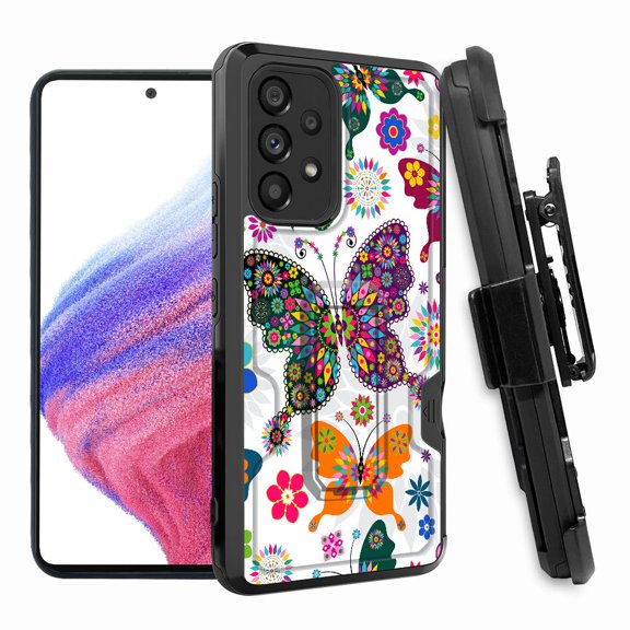 ANJ  Rugged Shockproof Hoster Case w/Card Slot, Kickstand   Tempered Glass Cover for Samsung Galaxy A33 5G - Tribal Lace Butterfly