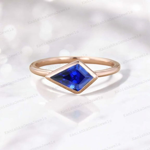 KANISHKAGEMS&JEWELS 2Ct 9x7mm / Kite Cut Sapphire Wedding Ring Rose Gold Plated Solitaire Jewelry Bezel Set Proposal Ring Anniversary Gift For Wife