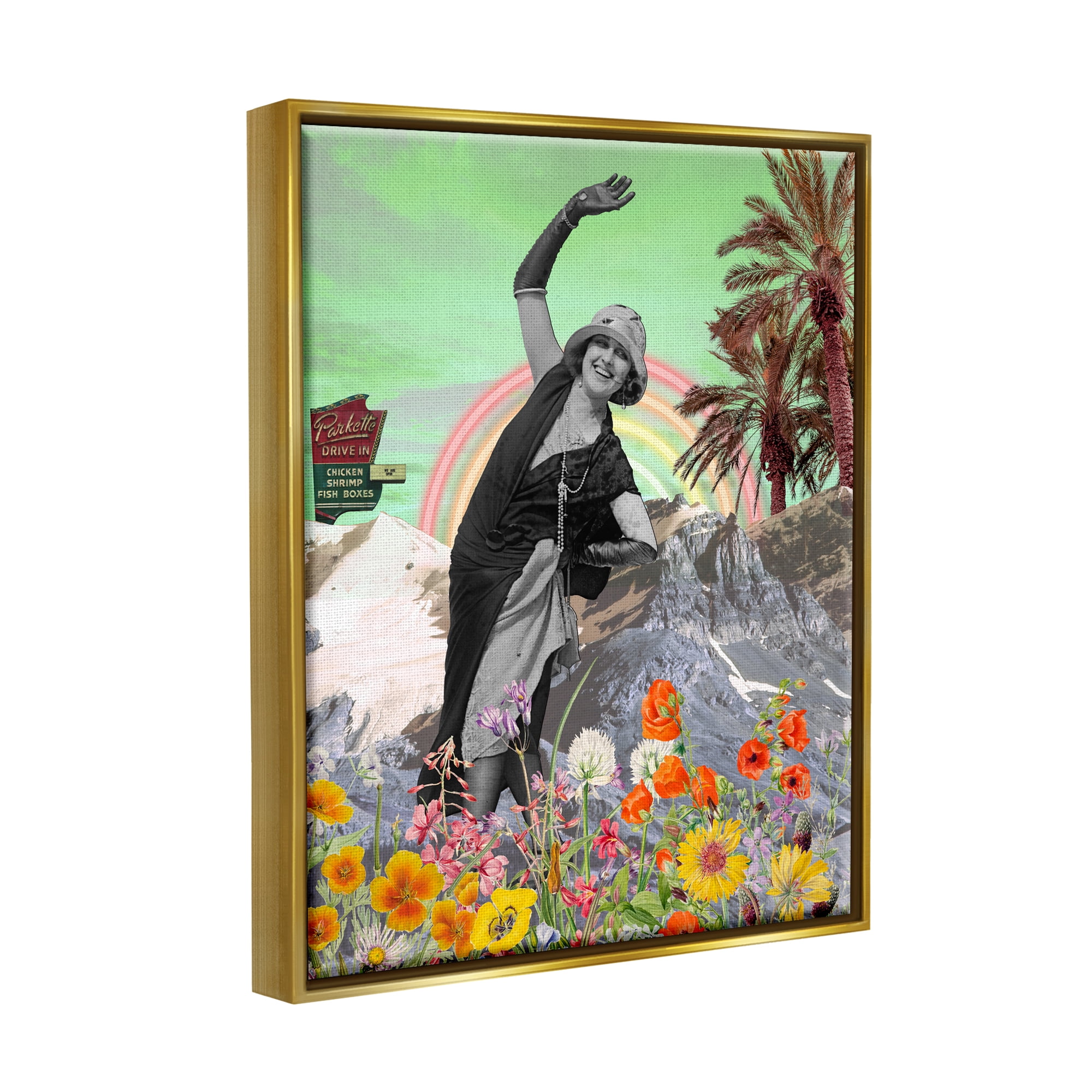 Stupell Industries Vintage Floral Collage Botanical & Floral Painting Gold Floater Framed Canvas Art Print Wall Art, 25 x 31