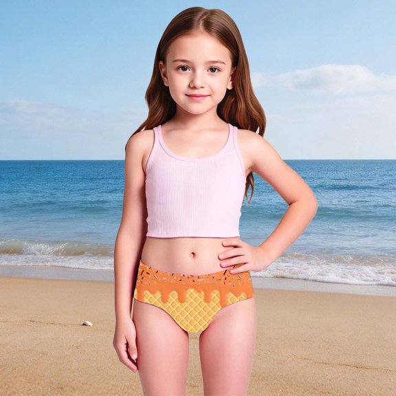 Girls Ice Print Swimwear For Kids Two Piece Swimsuit with Triangle Top Easy Fit Bottom Summer Beach Pool OutfitOrange4-5 Years
