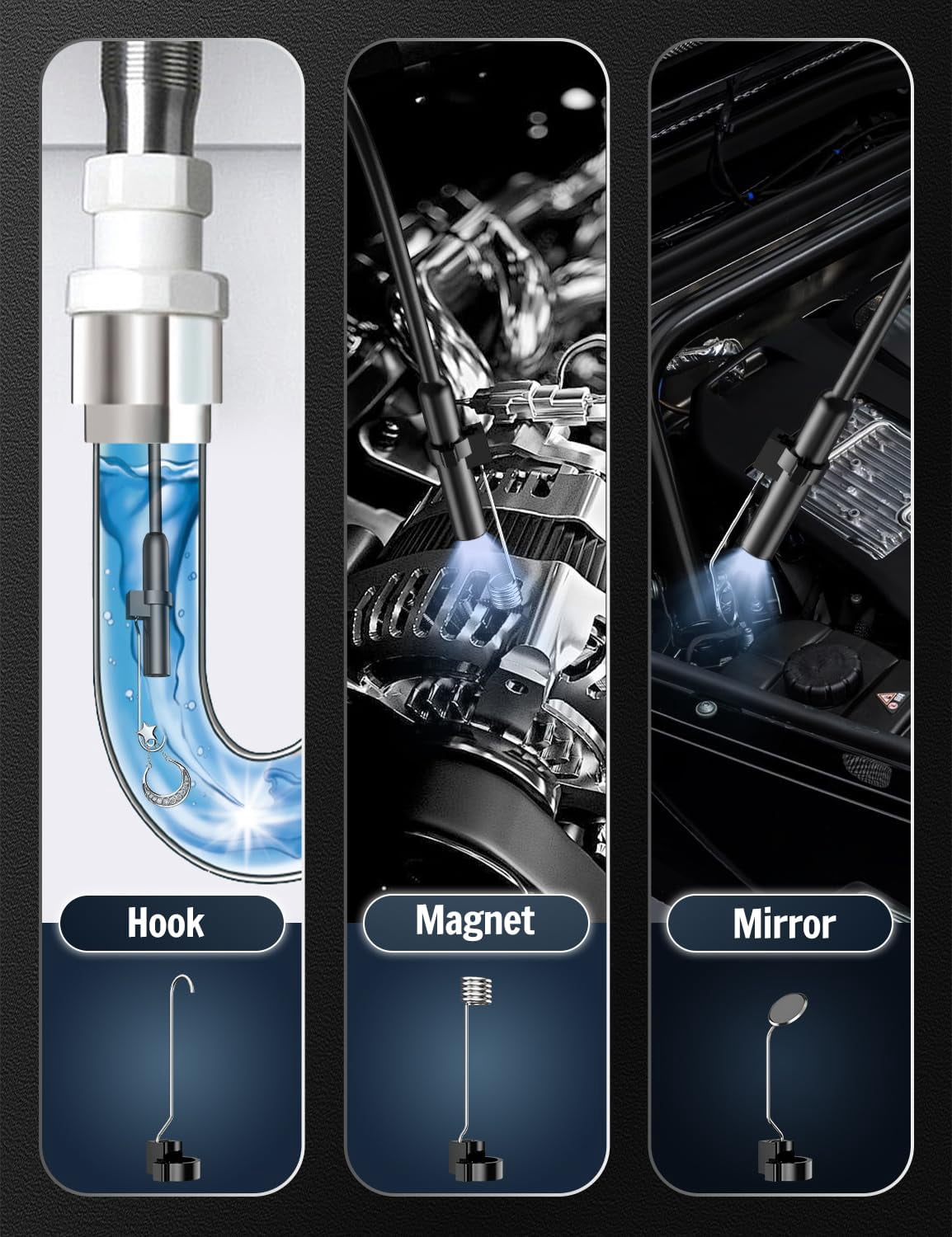 Endoscope Inspection Camera, 1920P HD Borescope with 8 Adjustable LED Lights, 32.8ft Semi-Rigid Snake Camera, IP67 Waterproof Drain Pipe Borescope Tool for iOS 9+ & Android 6+