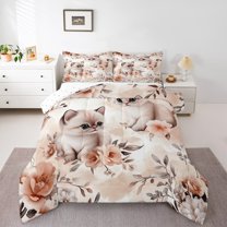 Homewish Kawaii Cartoon Cat Full Size Comforter Sets for Teen, Watercolor Vintage Flower Bedding Comforter Set, Cute Animal Reversible Bedding Sets, Lightweight Room Decor, 3-Piece