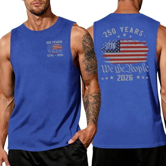 250 Anniversary Usa Tank Tops for Men Sleeveless Crew Neck Stars and Stripes Print Casual Patriotic Tunics Stretchy Summer Daily T-Shirts ,XXL,#01 Blue
