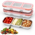 thumbnail image 1 of 3pcs Caja para aperitivos de acero inoxidable, recipientes aperitivos de 3 compartimentos con tapas, fiambrera metálica reutilizable, para el colegio el hogar y los viajes (3 compartimentos), 1 of 7
