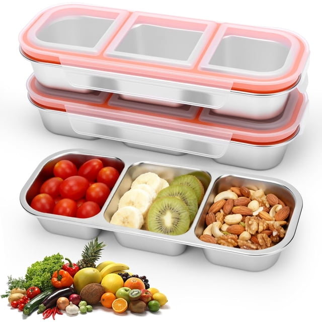 3pcs Caja para aperitivos de acero inoxidable, recipientes aperitivos de 3 compartimentos con tapas, fiambrera metálica reutilizable, para el colegio el hogar y los viajes (3 compartimentos)
