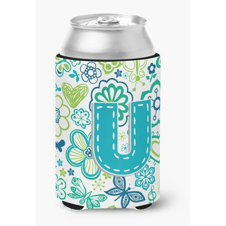 

Letter U Flowers and Butterflies Teal Blue Can or Bottle Hugger