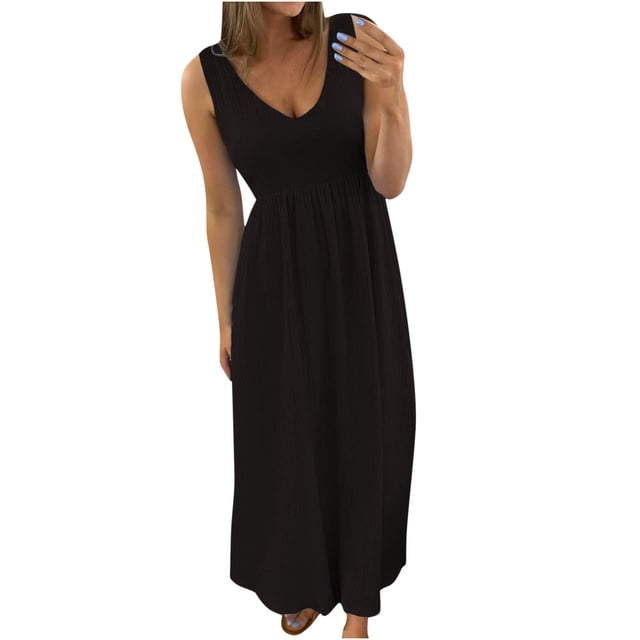 FAIWAD Robes d'Été Sans Manches pour Femmes Taille Haute Col en V Décontractées Fluides Robe de Plage Grande Taille à Volants Plissés