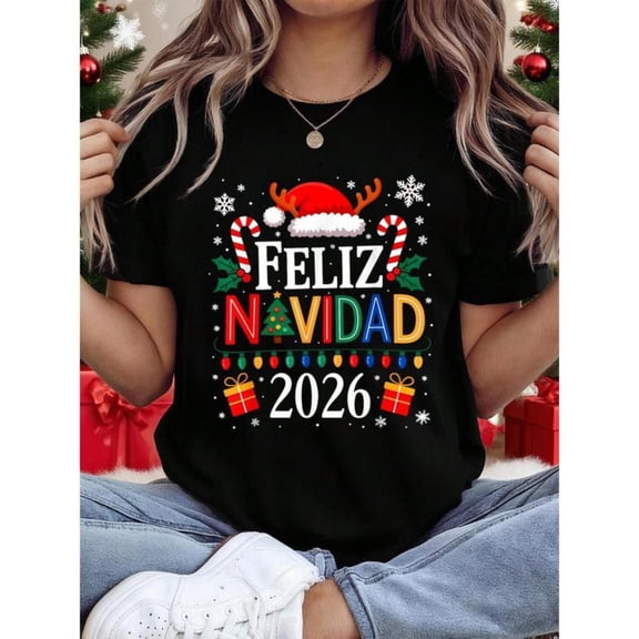 Women's Feliz Navidad Graphic Comfortable T Shirt Cotton Short Sleeve Round Neck Top Black S-5XL