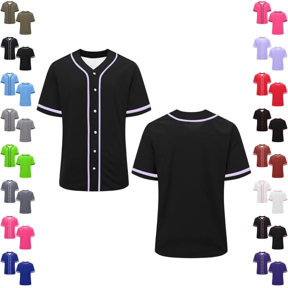 TGSLY Baseball Jersey Tops for Women Lightweight Contrast Piping Trim V Neck Button Down Blouses Dressy Casual Solid Color Short Sleeve Athletic Shirts L