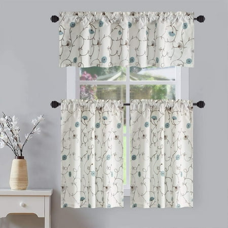 Blue Flower Embroidery Kitchen Curtain Tier and Valance Set Decorative ...