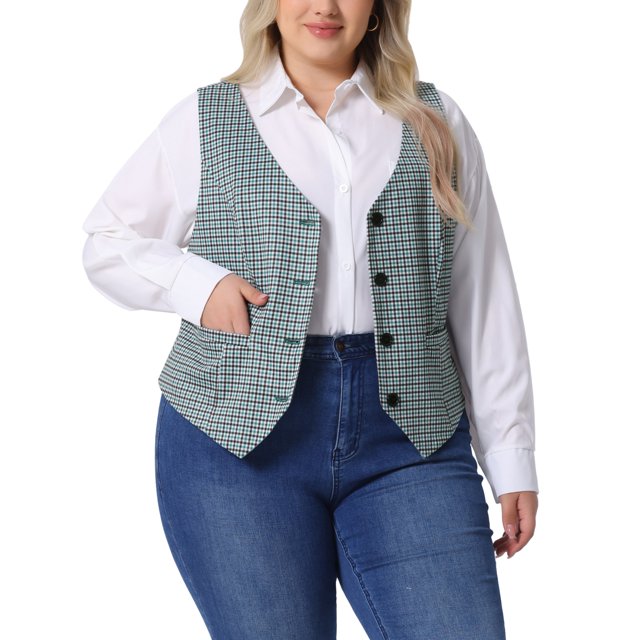 Chaleco de Talla Grande para Mujeres GRACE & GRANDEUR a Cuadros Sin Mangas con Botones y Bolsillos 3X Azul Verde
