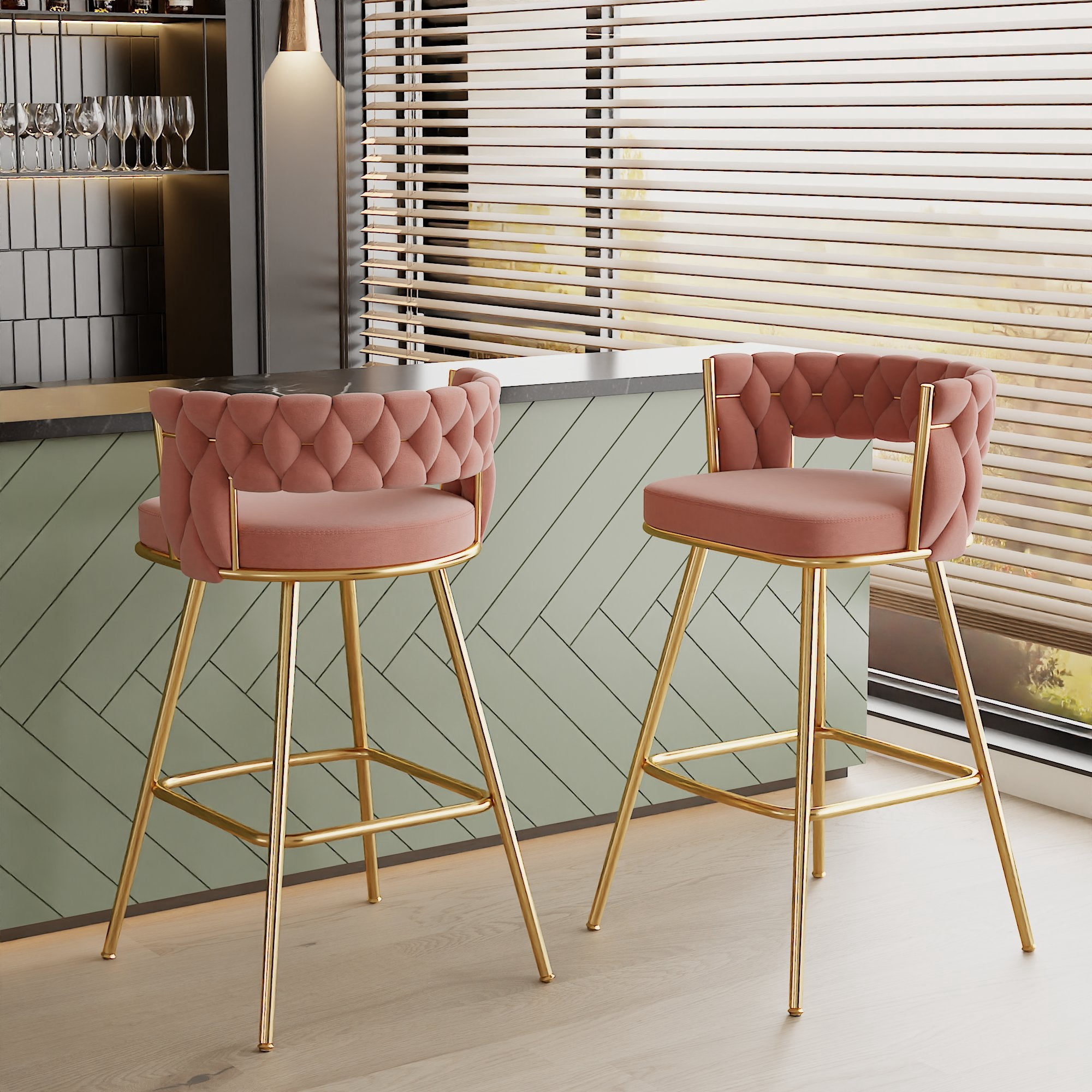 VECELO Modern Braided Bar Stools Set of 2 – Velvet Counter Height Upholstered Stools with Woven Back Support & Footrest, Heavy-Duty Metal Frame Bar Chairs for Kitchen Island,Pink