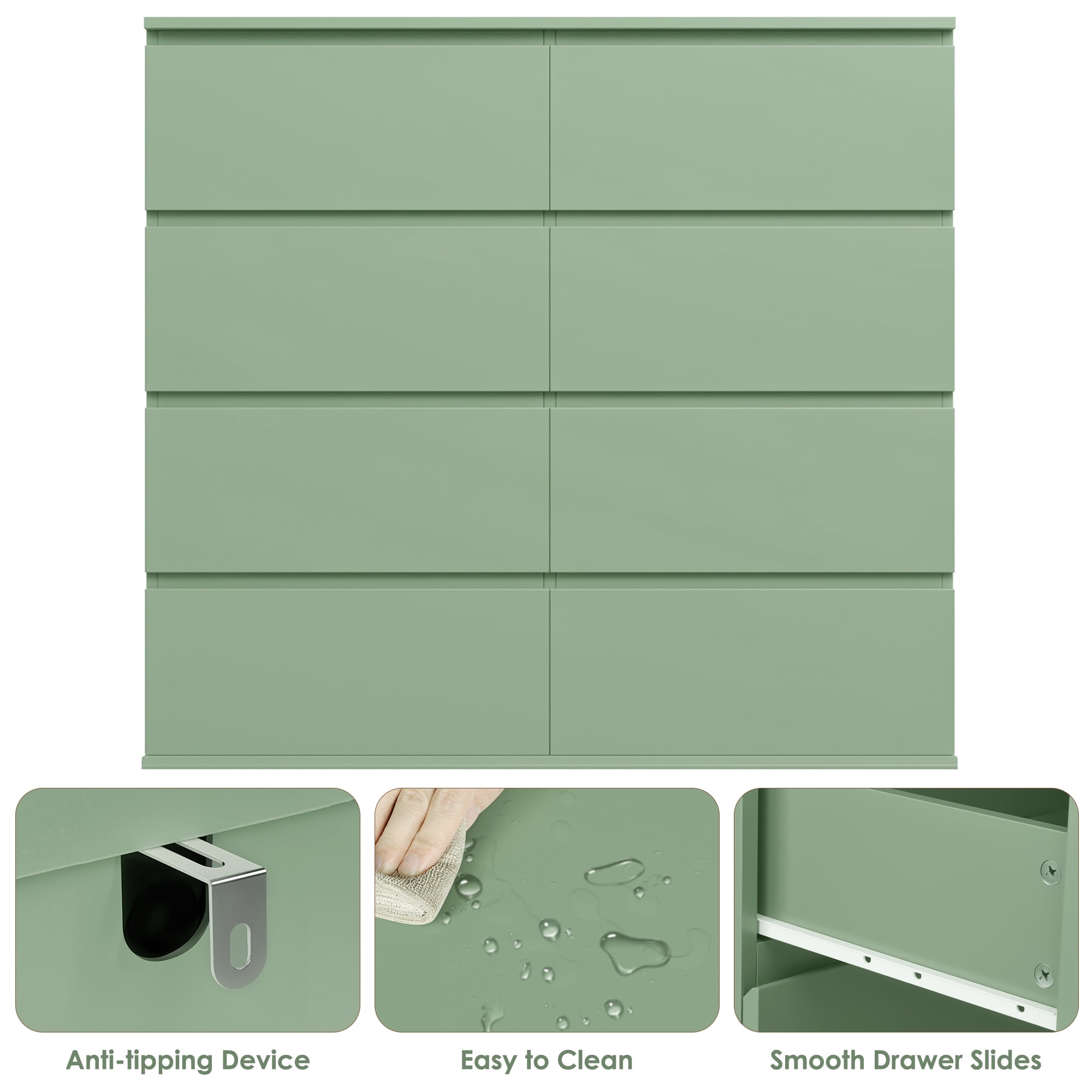 Homfa 8 Drawer Dresser for Bedroom, Horizontal Dresser Chest with Easy Pull Bevel Handle, Storage Cabinet for Living Room, Green