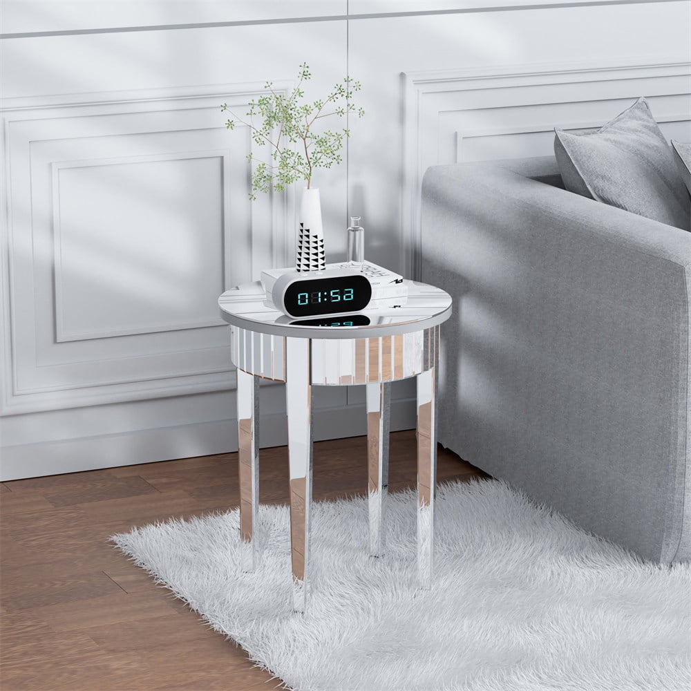 Wisfor Round Mirrored End Table Silver Sofa Side Table Hallway Living Room Furniture, 17.7 inch