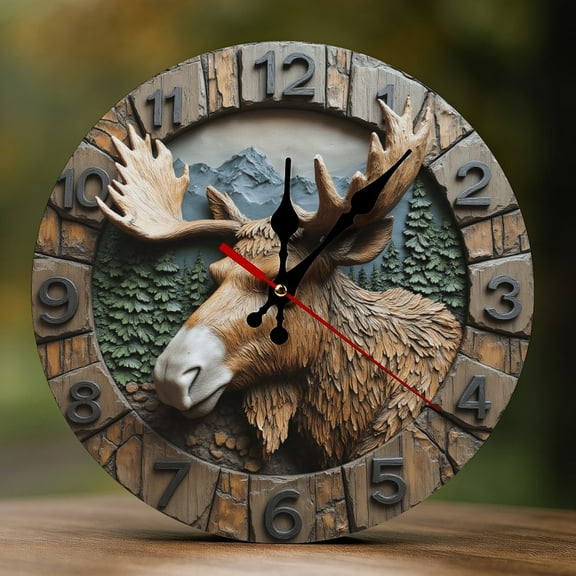 Wall Clock Decorative - Rustic Moose Head Print 2D Vintage Wall Clocks Battery Operated Silent Non-Ticking for Bedroom, Living Room, Kitchen, Office, Classroom, 10 Inch