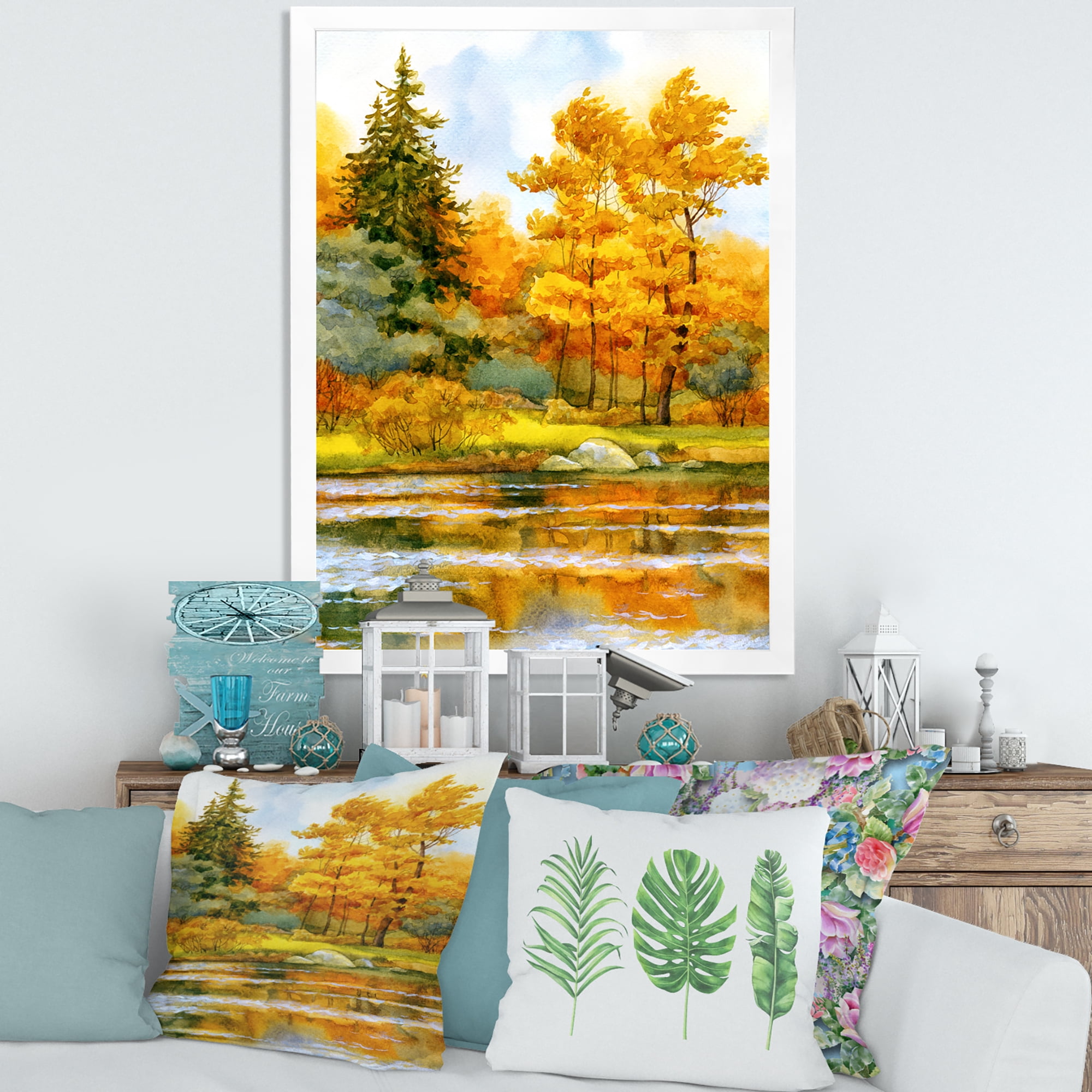 Designart 'Autumn Forest By The Lake Side II' Lake House Framed Art Print