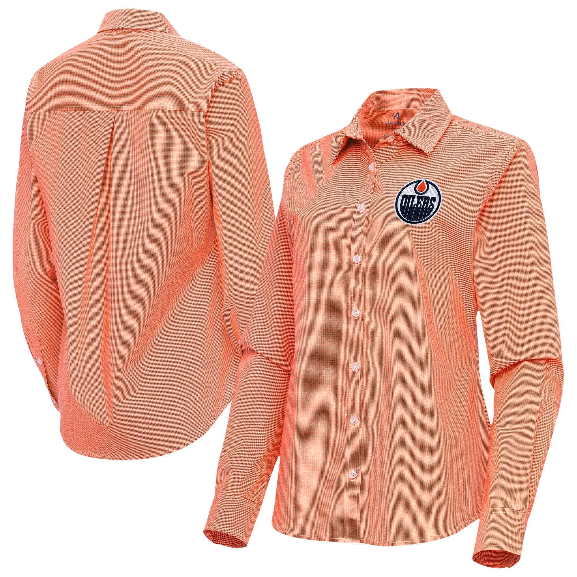 Women's Antigua Orange Edmonton Oilers Porter Woven Tri-Blend Long Sleeve Button-Up Shirt