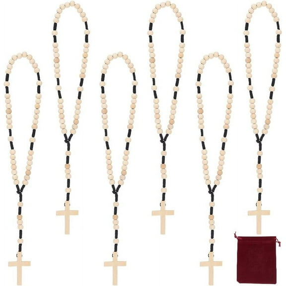 6 Pcs Wooden Rosaries Moccasin Natural Wooden Rosarys Beads with 6 Pcs Velvet Pouches Inspirational Prayer Jewelry for Men Women Jewelry Car Rear View Mirror
