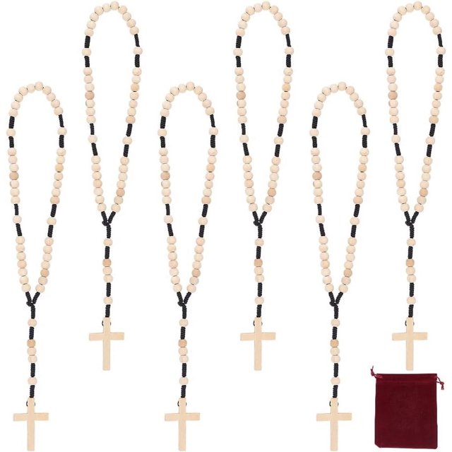Rosario de madera natural de 6 piezas con cuentas y 6 bolsitas de terciopelo. Joyería inspiradora para la oración.
