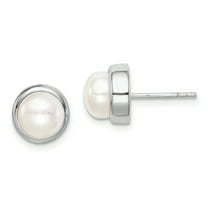 Primal Silver Sterling Silver Rhodium-plated 7-8mm White Button Freshwater Cultured Pearl Earrings