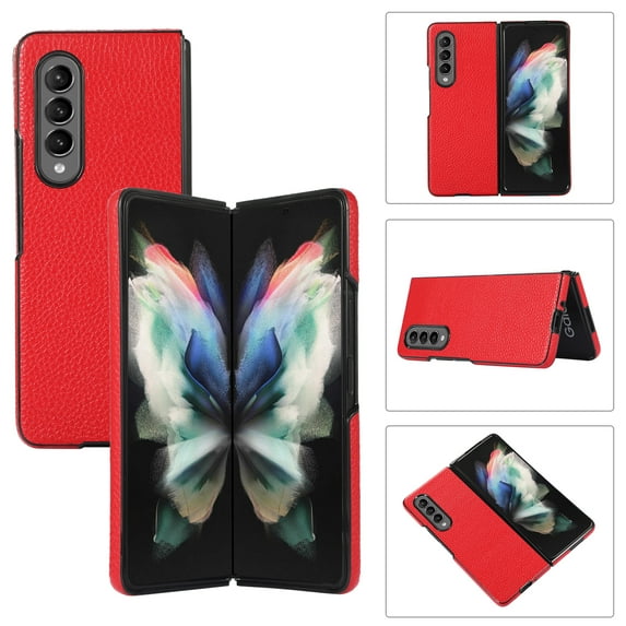 Nalacover Case Compatible with Galaxy Z Fold 3 Case, Leather Slim Luxury Protective Lichee Pattern Shockproof Folding Flip Back Phone Cover For Samsung Galaxy Z Fold 3, Red