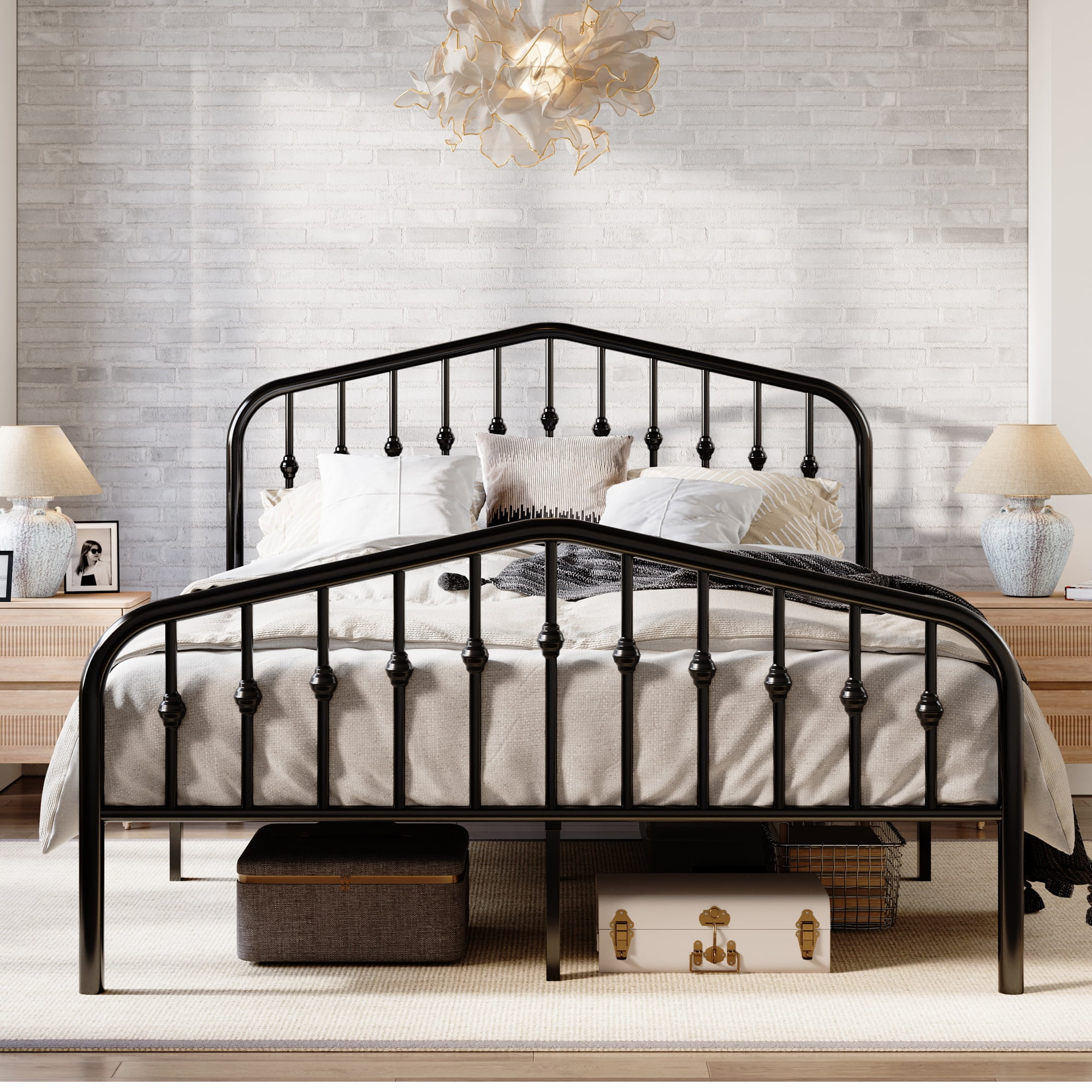Amolife Queen Size Metal Platform Bed Frame with Victorian Vintage Headboard & Footboard, Black