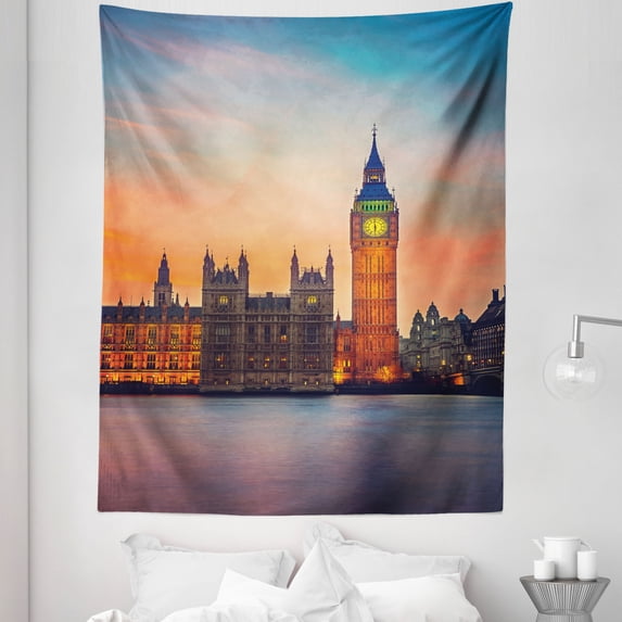 Colorful Tapestry, View of Big Ben and Houses of Parliament at Dusk in London British Urban Town, Fabric Wall Hanging Decor for Bedroom Living Room Dorm, 5 Sizes, Multicolor, by Ambesonne