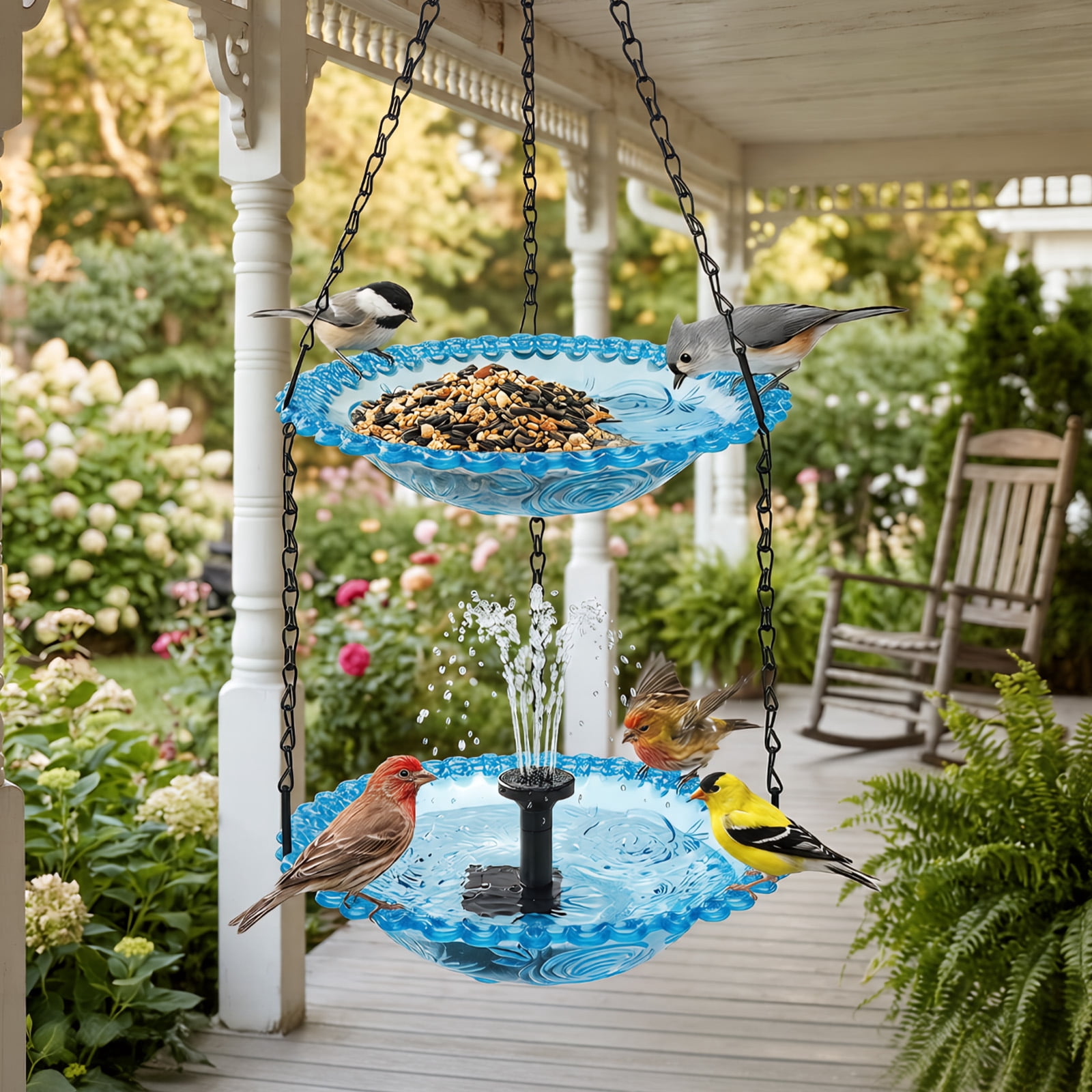 Grusce Hanging Solar Bird Bath Fountain, Solar Power Outdoor Water Fountain with Cascading Water Decorative for Garden Yard Patio