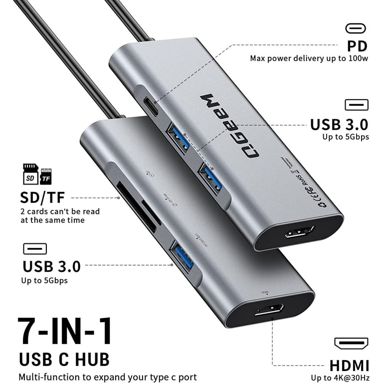 USB C Hub HDMI Adapter QGeeM 7 in 1 Type C Hub to HDMI 4K 3 USB 3.0 Ports 100W Power Delivery SD/TF Card Readers Compatible with MacBook Pro
