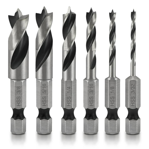 Neiko 11401A 6 Piece Brad Point Drill Bit Set, Stubby Drill Bit Set for Wood, 1/4" Quick Change Hex Shank, HSS 4241 High Speed Steel for Quick Change Chucks and Drives, Drill Bit Holder Included