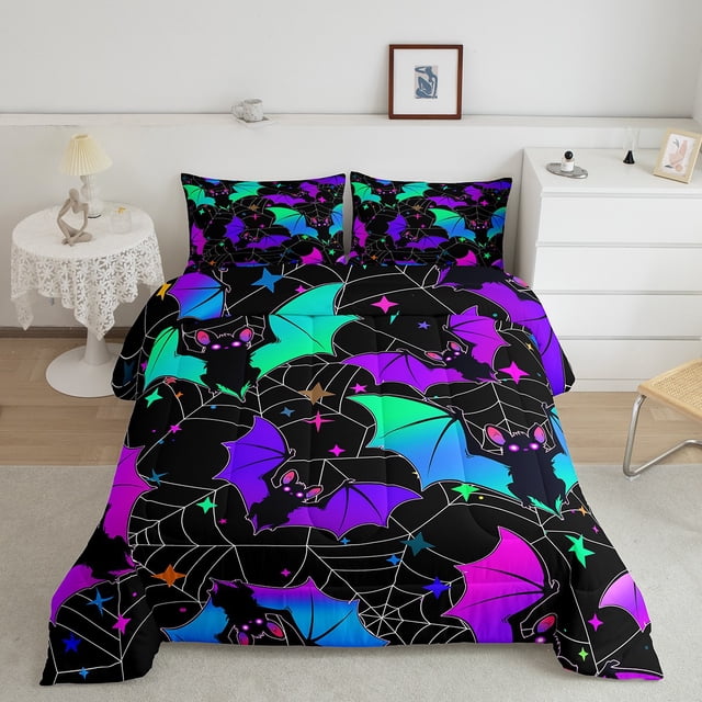 Erosebridal Neon Bat Bedding Queen Comforter Set, Spider Web Down Comforter, Halloween Bedroom Decor, Reversible 3pcs