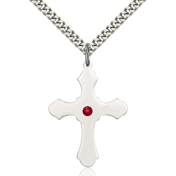 Sterling Silver Cross Pendant with 3mm July Red Swarovski Crystal 1 1/4 x 7/8 inches with Heavy Curb Chain