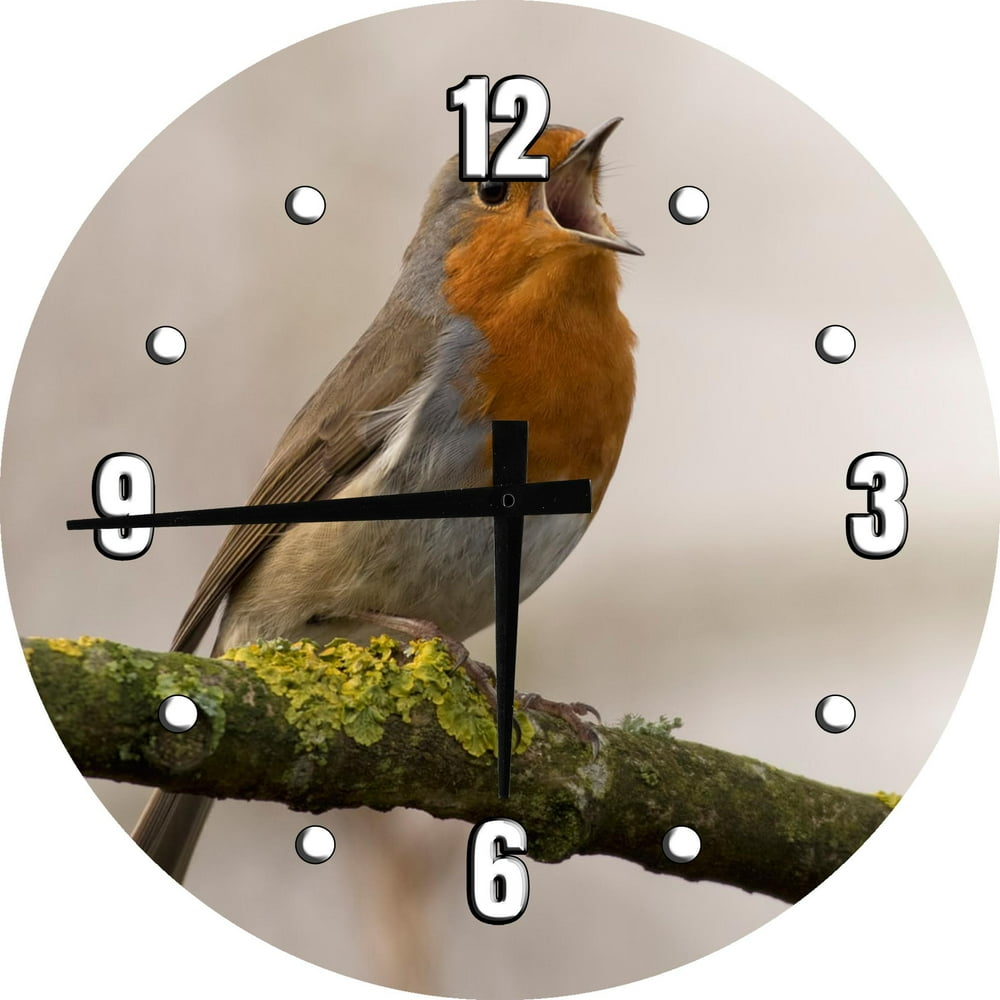 Round Wood Wall Clock Singing Song Bird Beige Bird Large Clock Wall Art 12 inch Home Decor