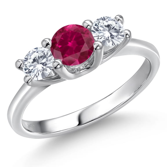 Gem Stone King 14K White Gold Red Created Ruby & Moissanite 3-Stone Engagement Ring | 1.06 Cttw | Round 5MM and 4MM | Three Stone Wedding Anniversary Promise Ring for Women (Size 9)