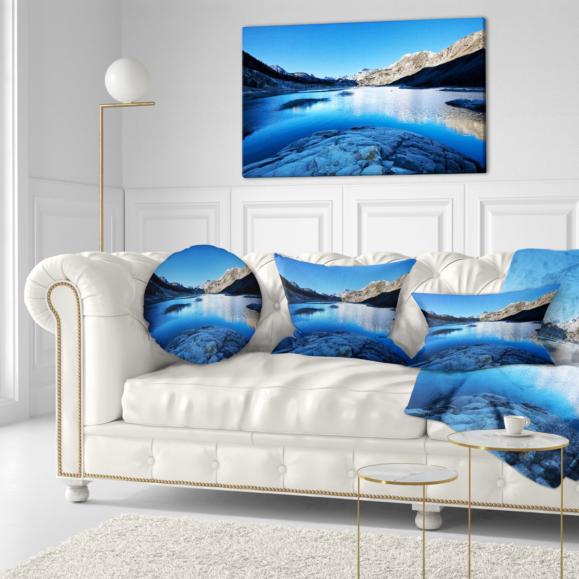 Designart Amazing Blue Mountains Lake - Modern Landscape Printed Throw Pillow - 12x20