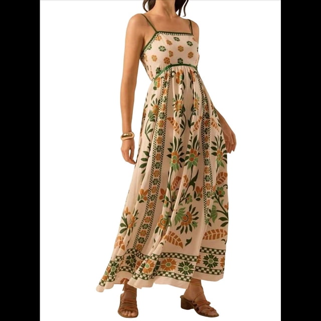 Vestido Maxi Floral de Verano 2025 para Mujer, Sin Mangas, con Tirantes Finos, Estampado, Fruncido, Estilo Bohemio, para Playa Verde M
