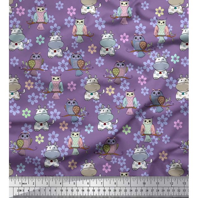Soimoi Poly Georgette Fabric Floral,Owl & Cow Cartoon Fabric Prints by Yard 52 Inch Wide