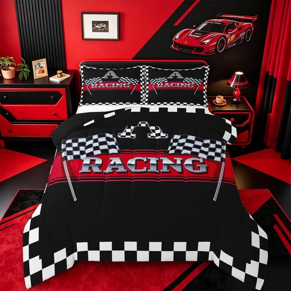 Catabedysis Racing Flag ABC Print A Full Size Comforter Sets For Boys,Personalized Monogrammed Gifts Bedding Comforter Set,Black Reversible,3-Piece,1 Comforter and 2 Pillowcases