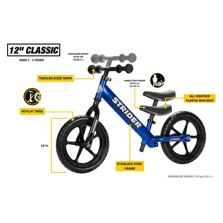 Strider 12 Classic Bike, Blue - No Pedal Balance Bicycle for Kids