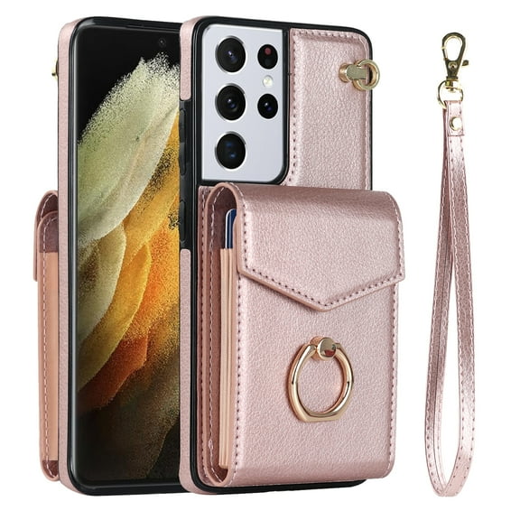 Wallet Case Compatible with Samsung Galaxy S24 Ultra,Case with Card Holder,with a strap,RFID Blocking Leather Cover 360°Rotation Ring Kickstand Protective Bumper Designed for Galaxy S24 Ultra,Rosegold