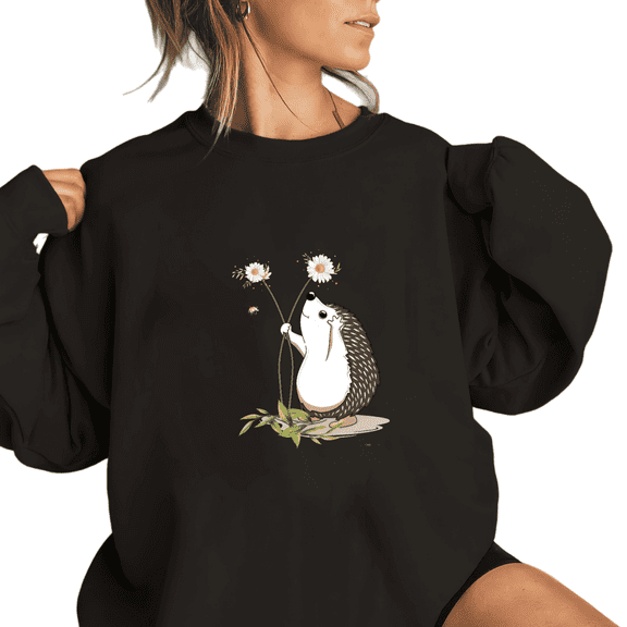Women's Hedgehog & Daisies Graphic Breathable Sweatshirt Top Casual Round-neck long-sleeved Black S-3XL