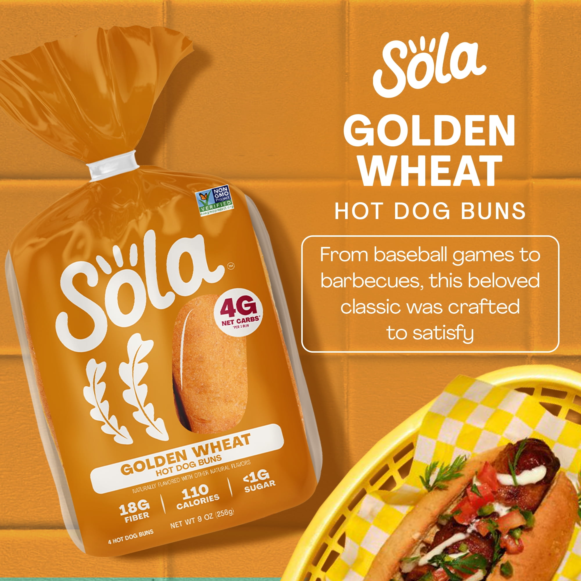 Sola Golden Wheat Hot Dog Buns, Non-GMO, 9 oz, 4 Count
