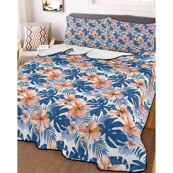 Blue Botanical King Size Down Alternative Comforter, Lightweight Comforter Quilt Bedding Set with Pillow Shams Tropical Plants Summer Flowers All Seasons Bed Comforter Duvet Insert 96"x106"