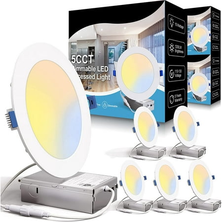 

Briignite Dimmable Recessed Light Fixture 1200lm Canless LED Downlight，6 Inch 5CCT Ultra Thin Recessed Light with Junction Box 2700-5000K 15W=140W 6 PCS